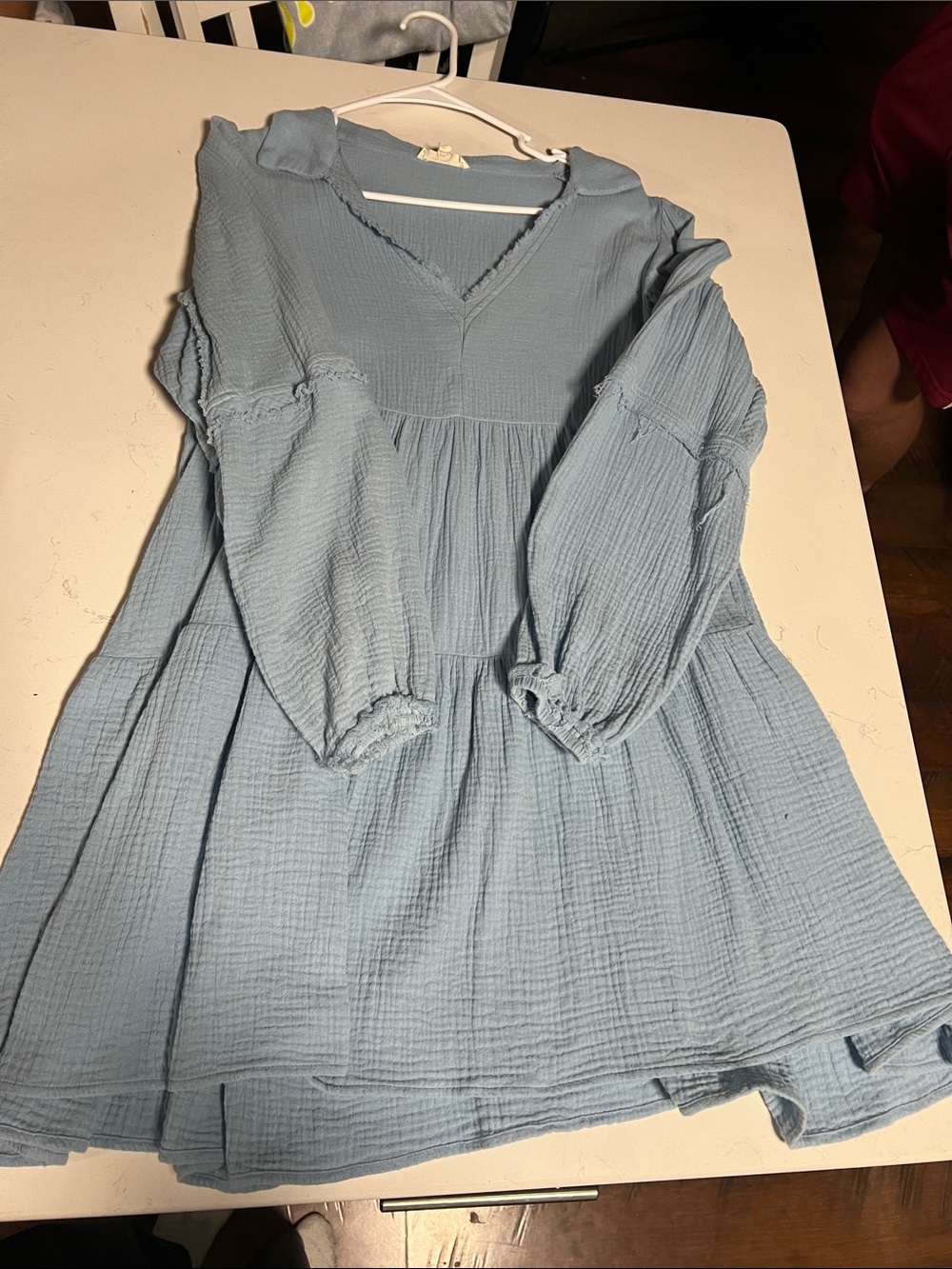 Light Blue Gauze Tiered V-Neck Babydoll Dress